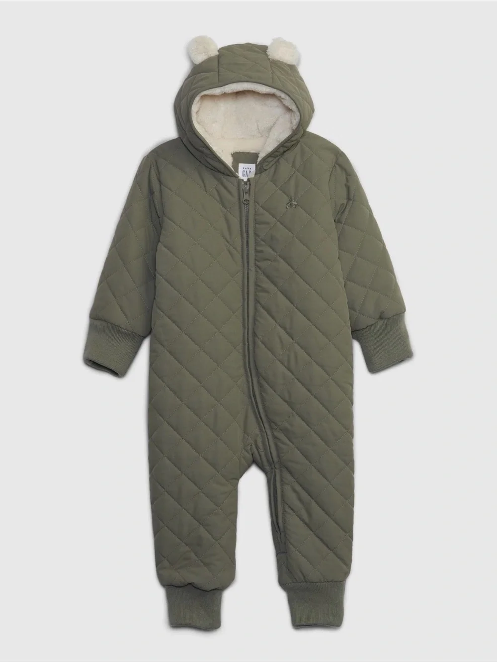 GAP Olive Quilted Hooded Footie with Sherpa Ears